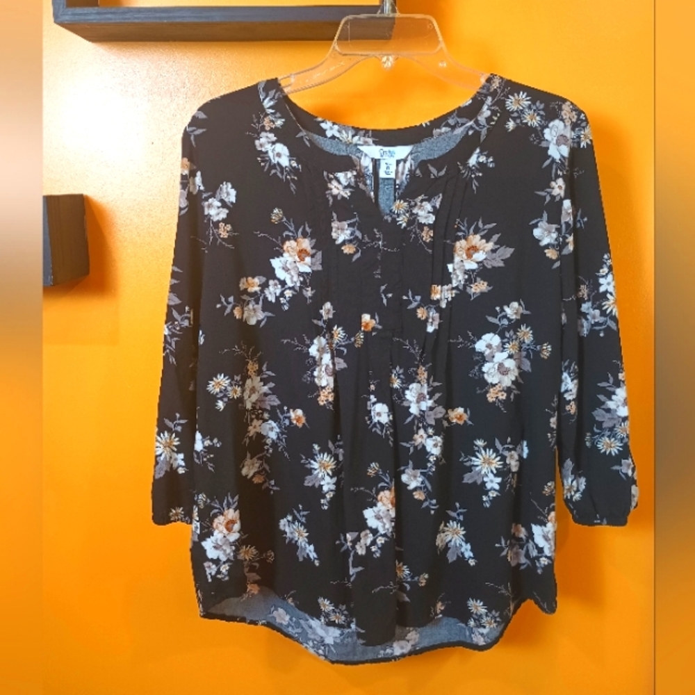 Croft & Barrow Black Floral Long Sleeve Top Size PL